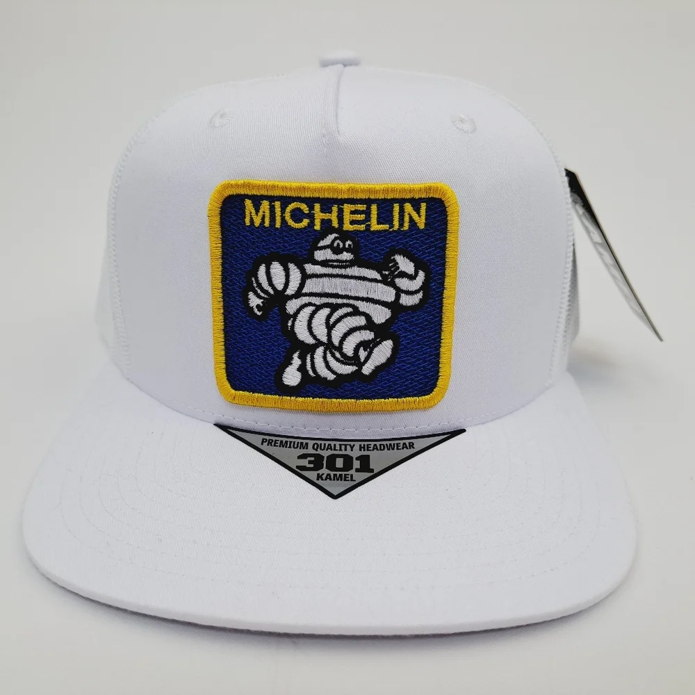 Michelin Man Embroidered Patch Flat Bill Trucker Mesh Snapback Cap Hat White